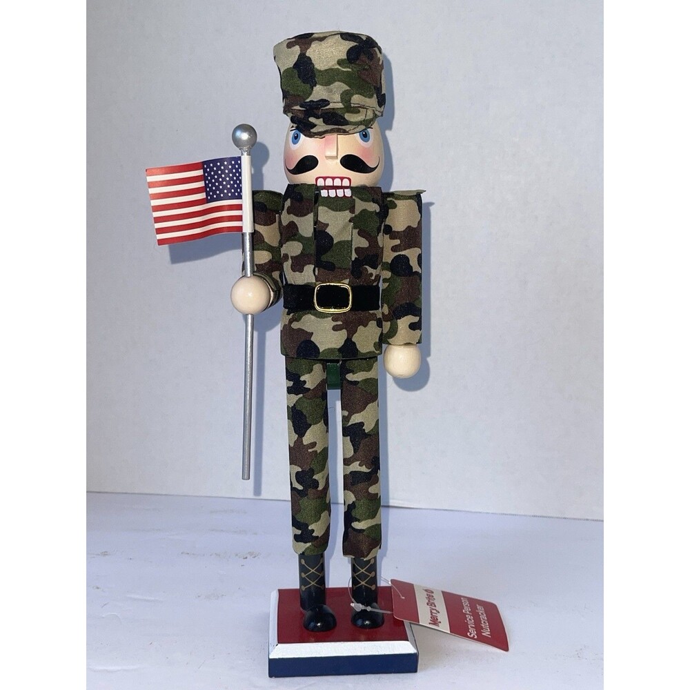 Military Wooden Nutcracker Or Centerpiece USA Soldier Uniform W/USA Flag 12.5”